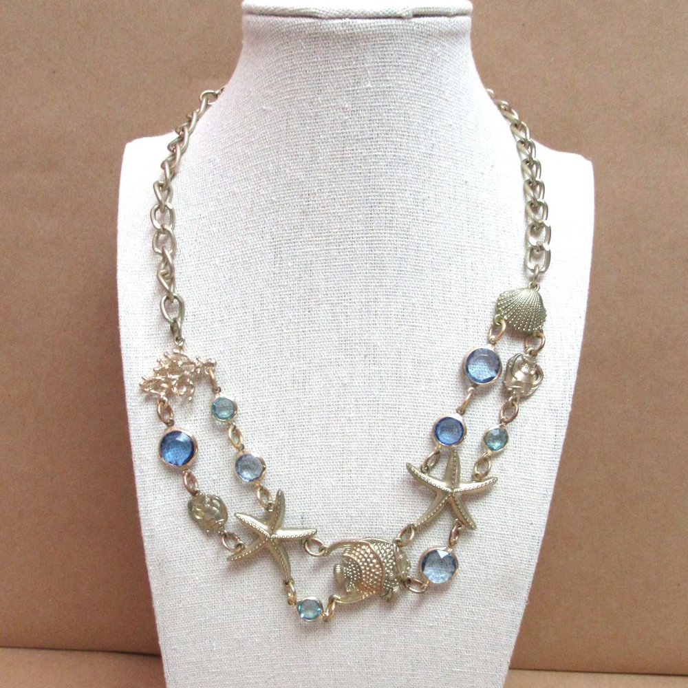CHARMING CHARLIE Sea Necklace Fish Coral Starfish COASTAL STYLE Blue Stones